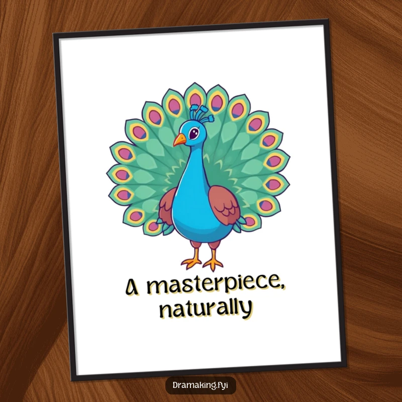 Funny peacock digital art print of a regal bird with its tail feathers flared wide, a humorous and majestic statement piece for any wall.