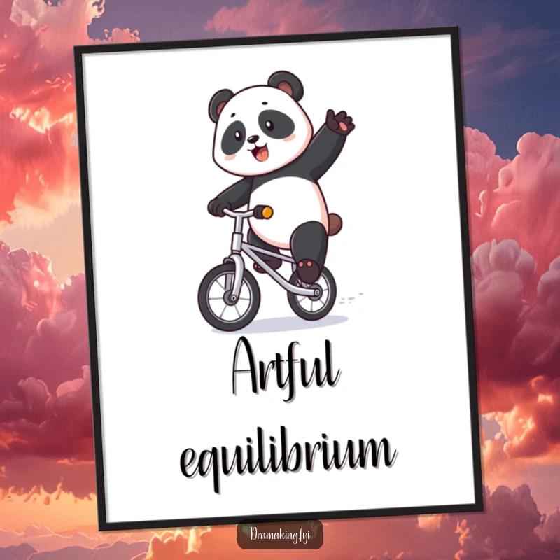 Funny panda digital art print of a majestic panda riding a tiny unicycle with exaggerated flair, showcasing a spectacular and humorous performance.