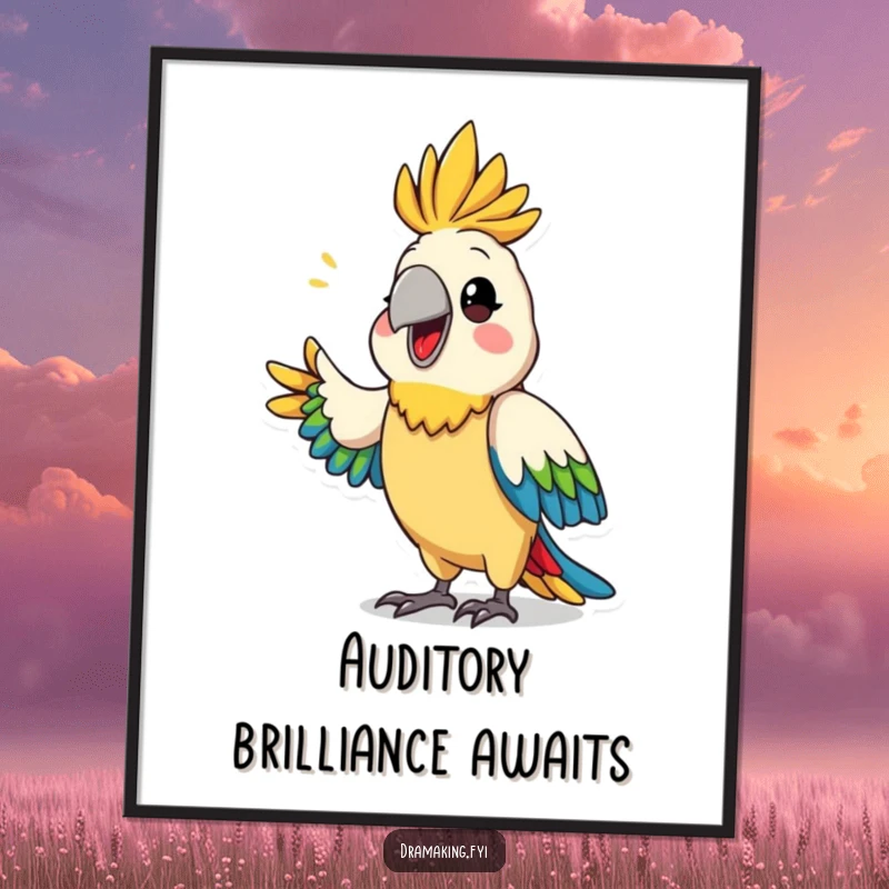 Funny parrot drama digital art print of a proud, colorful parrot dramatically announcing something, vibrant and eye-catching.