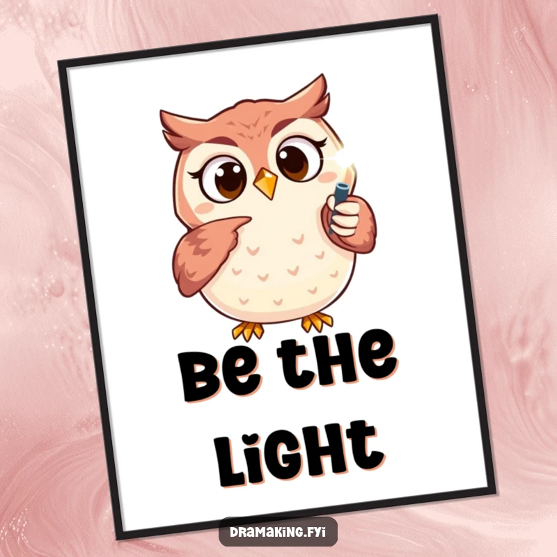 Funny owl digital art print of an excited character pointing at a sparkling spotlight, perfect for instant download and wall decor.