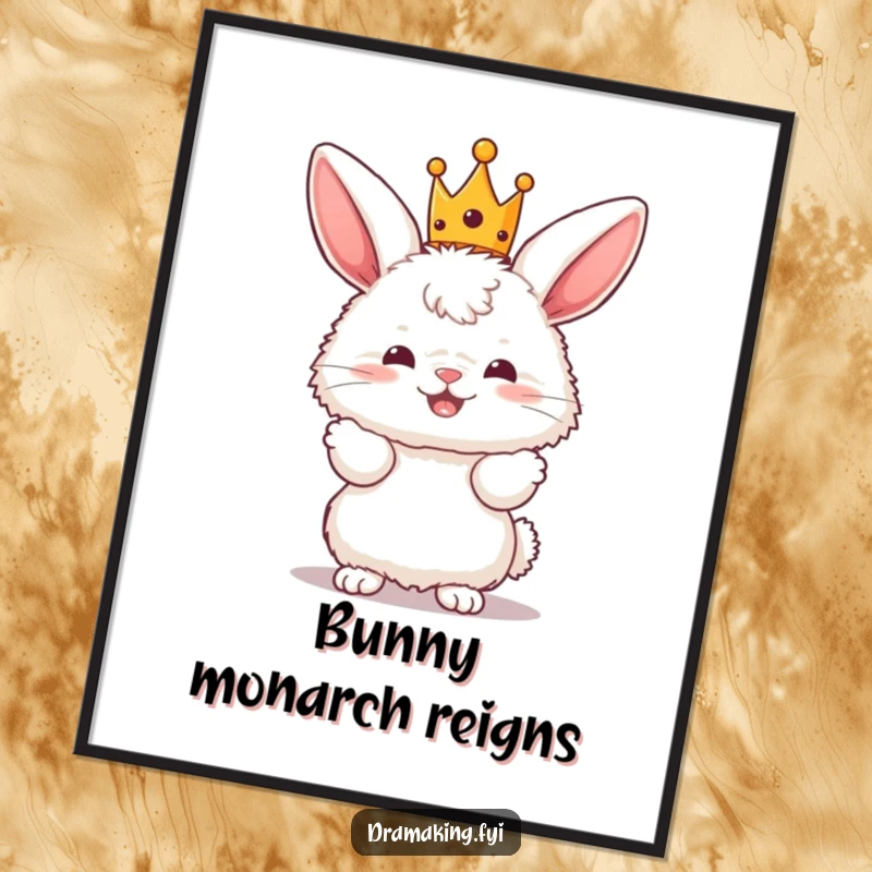 Funny Bunny King Digital Art Print of a fluffy bunny character wearing a tiny crown and posing dramatically, ready for printing.