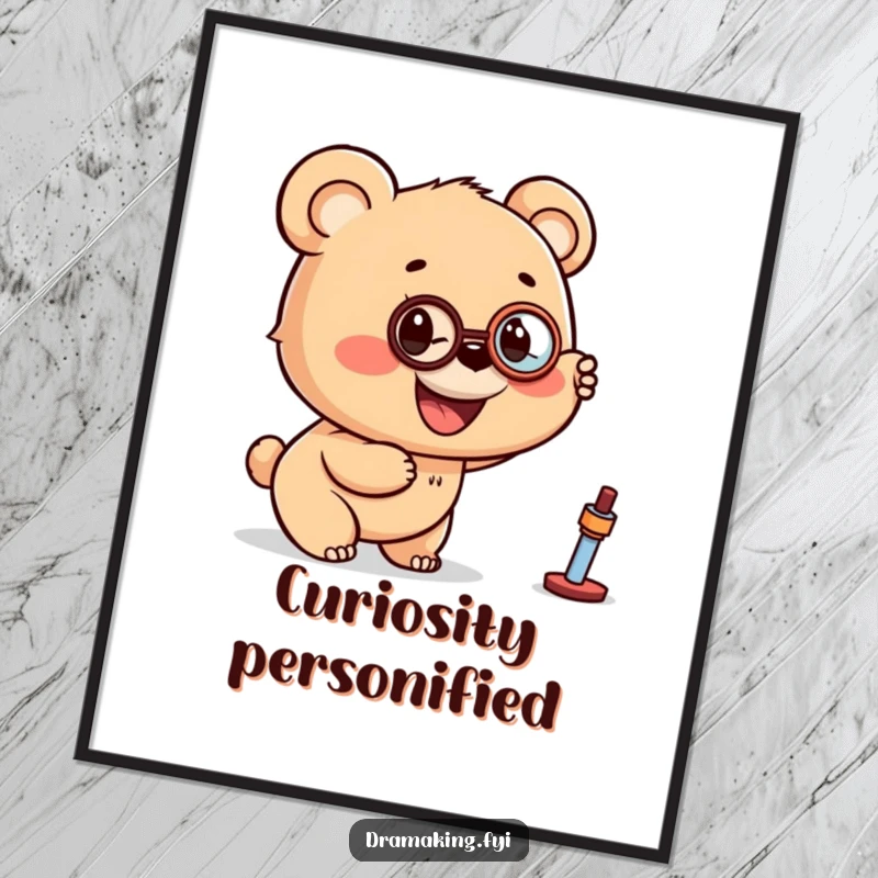 Funny digital art print of a smiling bear cub wearing a monocle, pointing excitedly at a distant object, full of wonder.