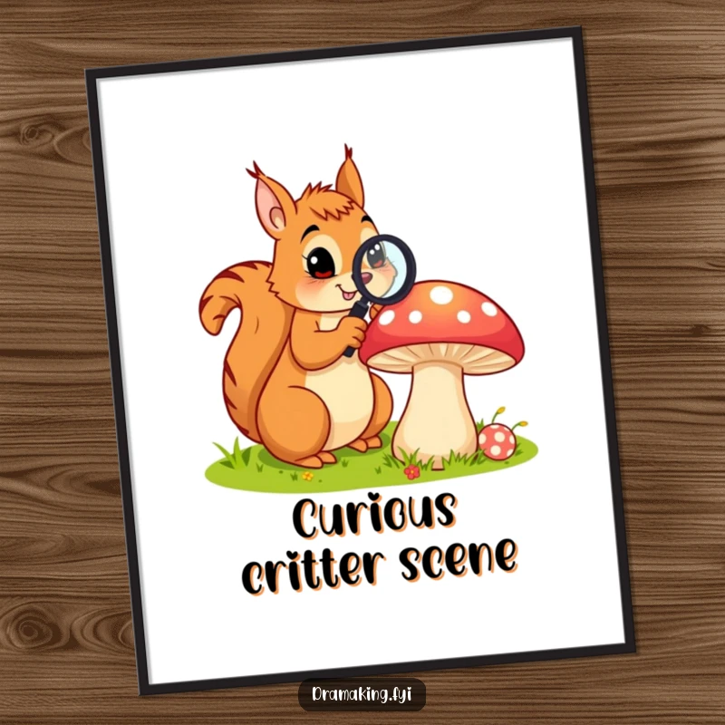 Funny digital art print of a curious squirrel with a magnifying glass examining a large, colorful mushroom, perfect for nature-themed decor.