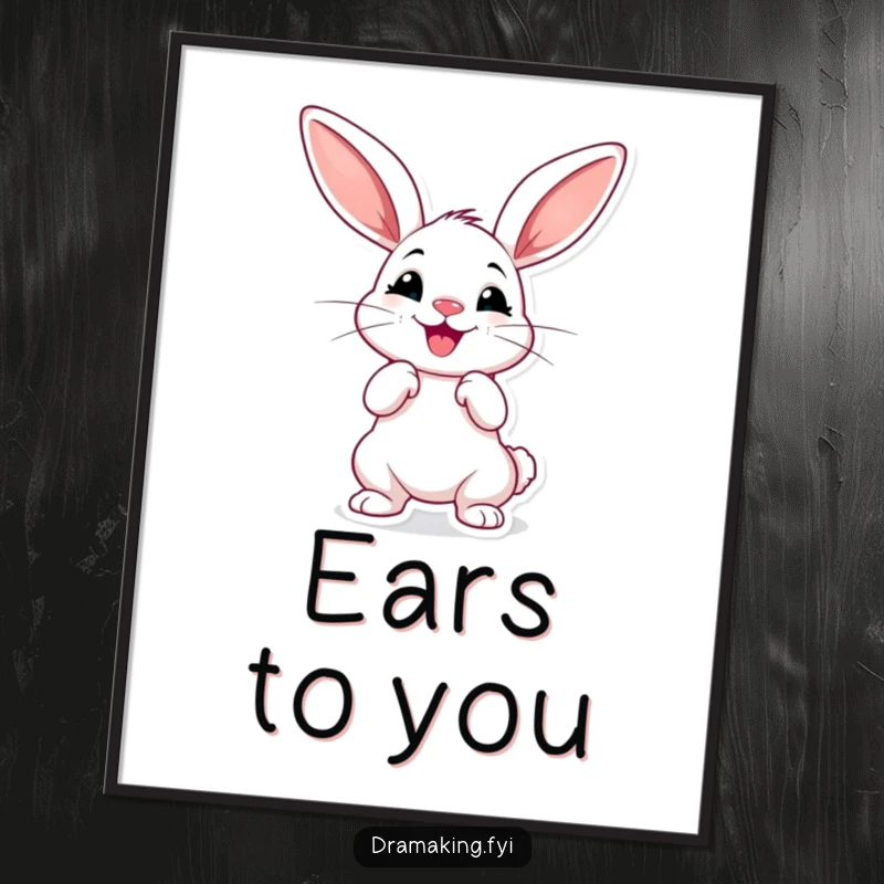 Funny dramatic rabbit digital art print, cheerful with oversized ears, striking a theatrical pose, high-resolution art.