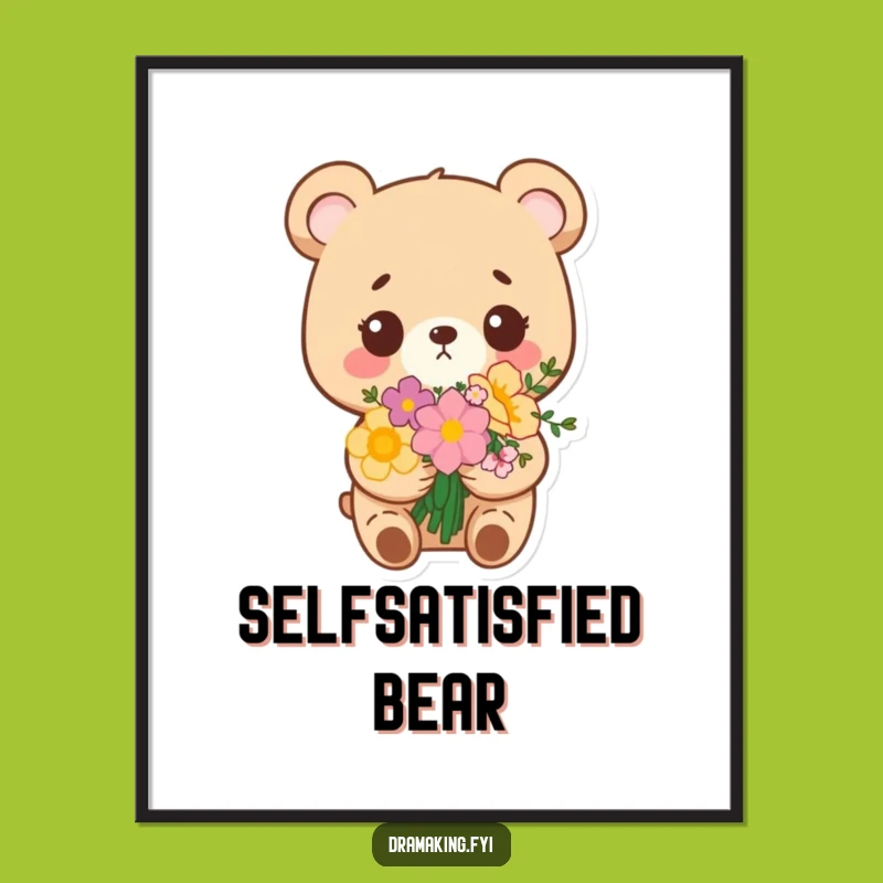 Funny Bear Bouquet Digital Art: Smug Flower Bear Print, Instant Adorable Decor!