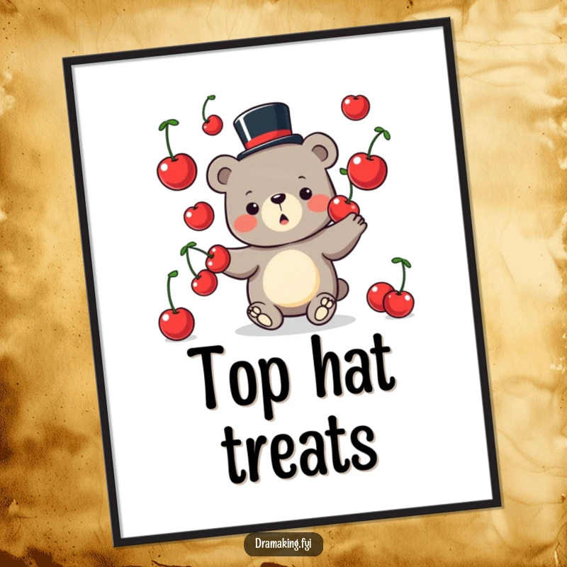 Funny Bear Digital Art Print of a silly bear in a top hat juggling cherries, ready to add playful humor.