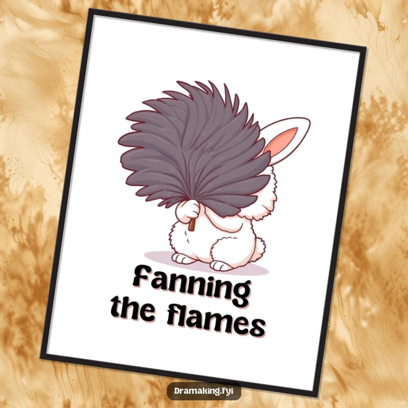 Funny digital art print of a fluffy bunny fanning itself dramatically with a large feather, showcasing expressive humor for any room.