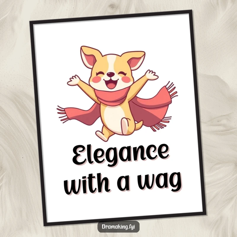 Funny dog ballet digital art print of a joyful dog in a flamboyant scarf performing a mid-air ballet pose, vibrant and fun.