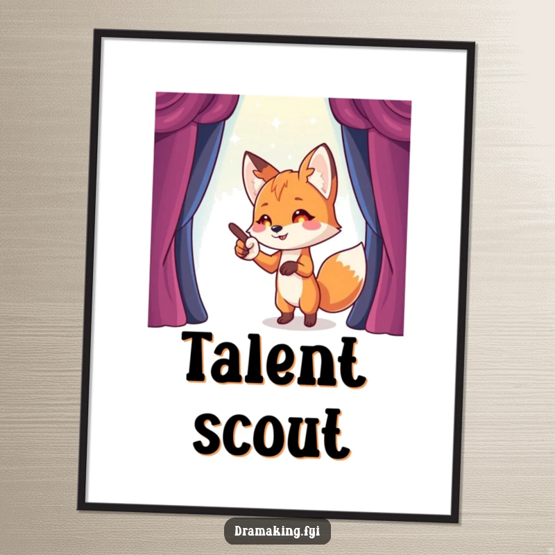 Funny Fox Stage Director Digital Art Print of a playful fox pointing towards a sparkling, imaginary stage, for funny artistic display.