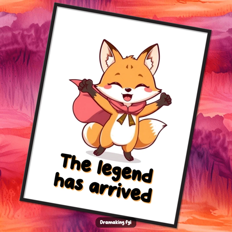 Funny digital art print of a joyful fox in a flowing cape, striking a triumphant superhero pose, ready for display.