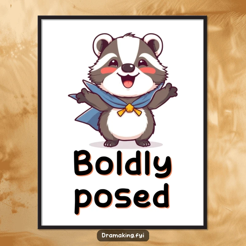 Funny digital art print of a joyful badger striking a heroic pose, wearing a tiny cape, radiating courage and cheer.
