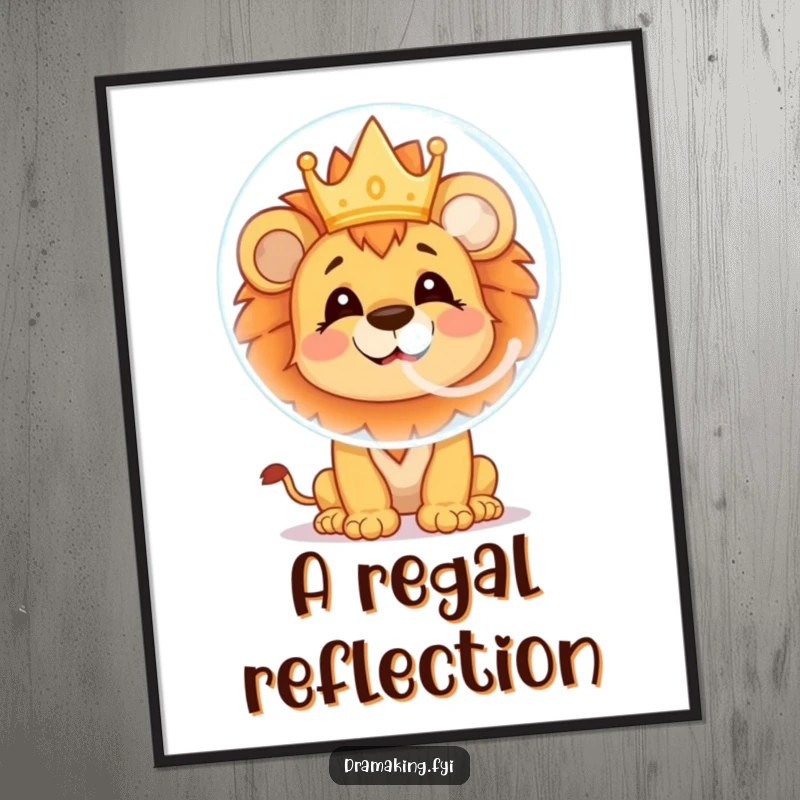 Funny lion cub digital art print of a cheerful character blowing a soap bubble with a crown reflection, perfect for instant download.