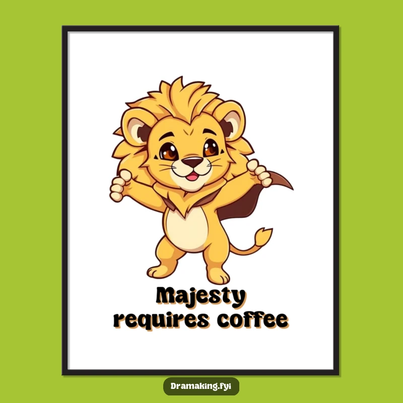 Funny Lion Cub Cape Digital Print: Dramatic Heroic Wall Art, Unique Gift