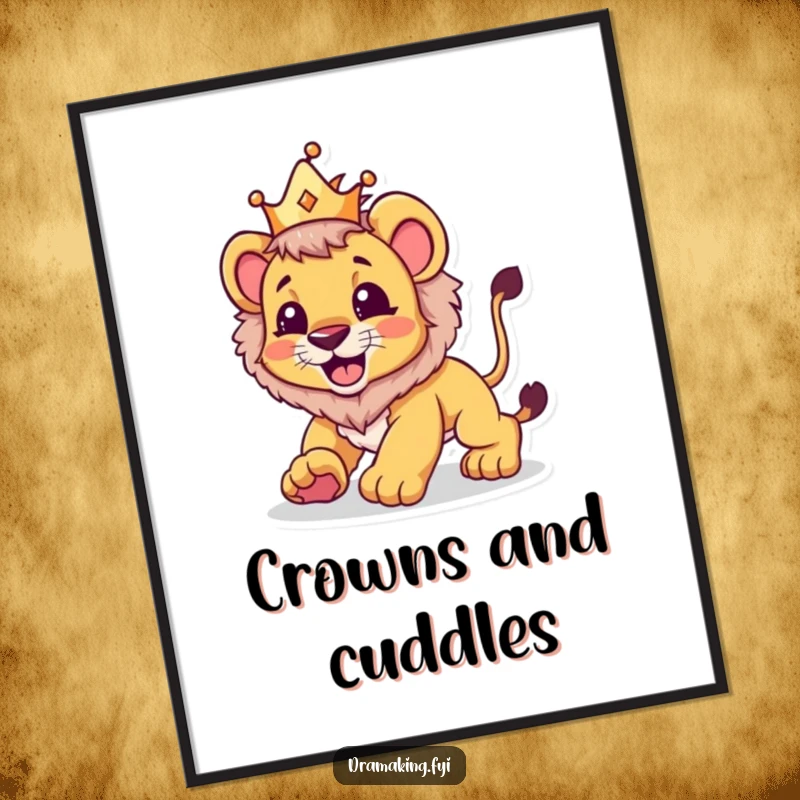 Funny digital art print of a lion cub in a crown playfully pouncing, adding a humorous and regal ambiance.