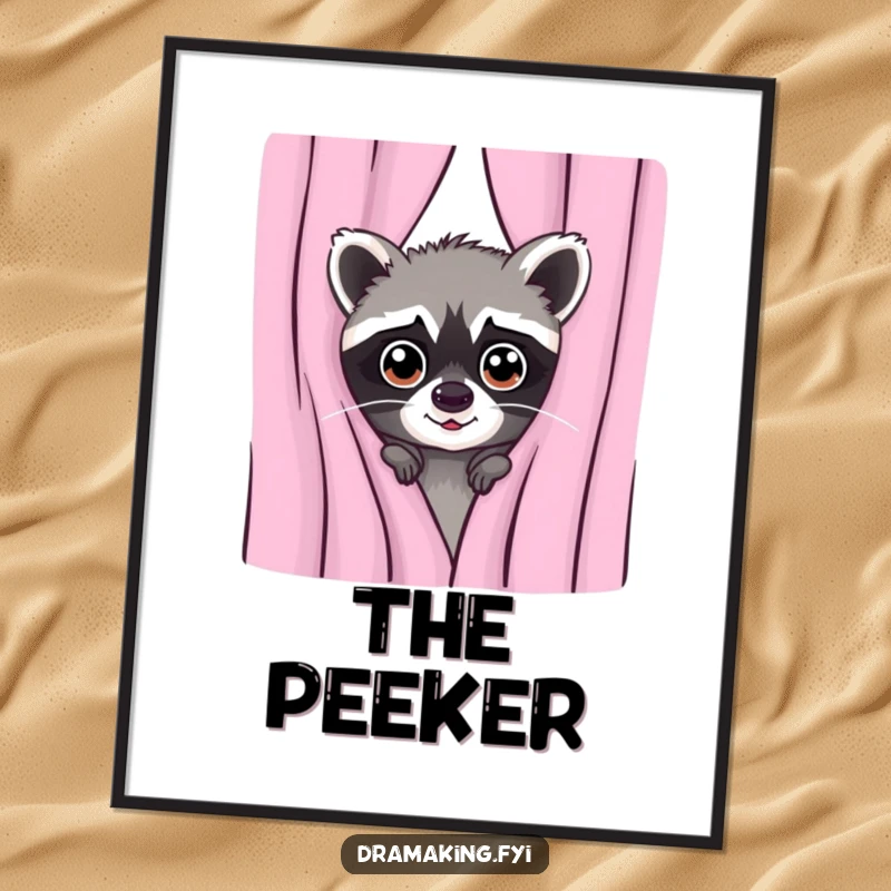 Funny digital art of a mischievous raccoon peeking from behind a curtain with wide, curious eyes, adding a touch of playful mystery.