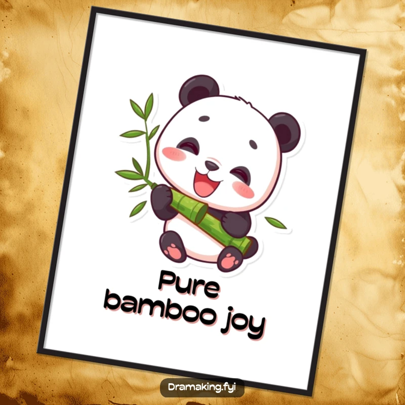 Funny Digital Art Print of a delighted panda character peacefully munching bamboo, offering instant serene and humorous wall decor.