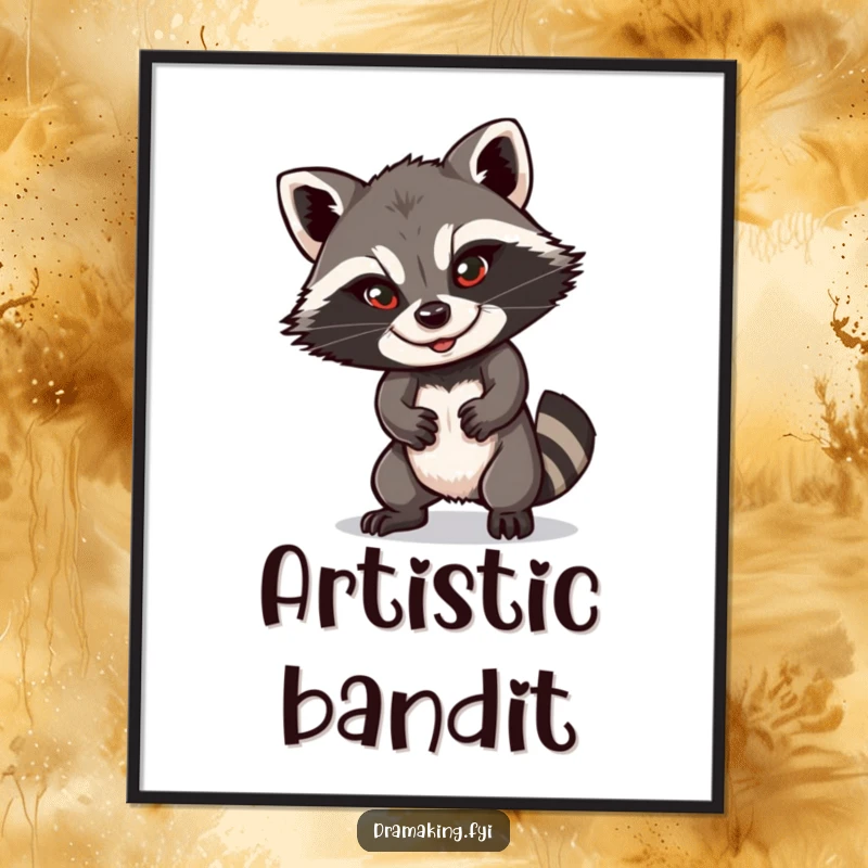Funny raccoon digital art print of a playful character striking a dramatic pose with a sly smile, ready to download and display.