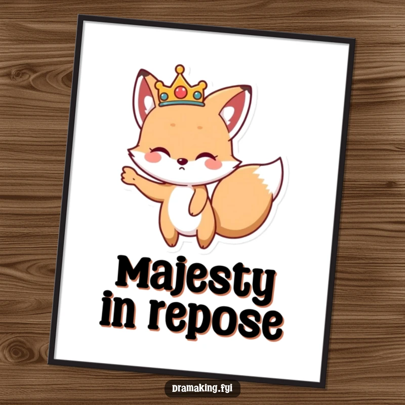 Funny Regal Fox Digital Art Print, featuring a cute fox wearing a crown, striking a dramatic pose, offering instant regal decor.