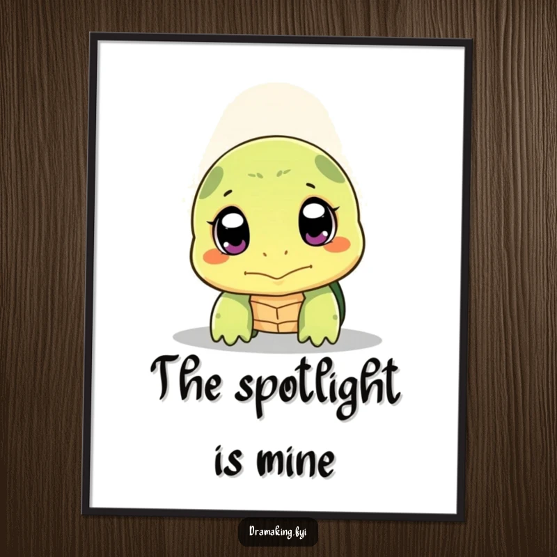 Funny shy turtle digital art print of a turtle peeking its head out with wide, expressive eyes under a spotlight, charming and cute.