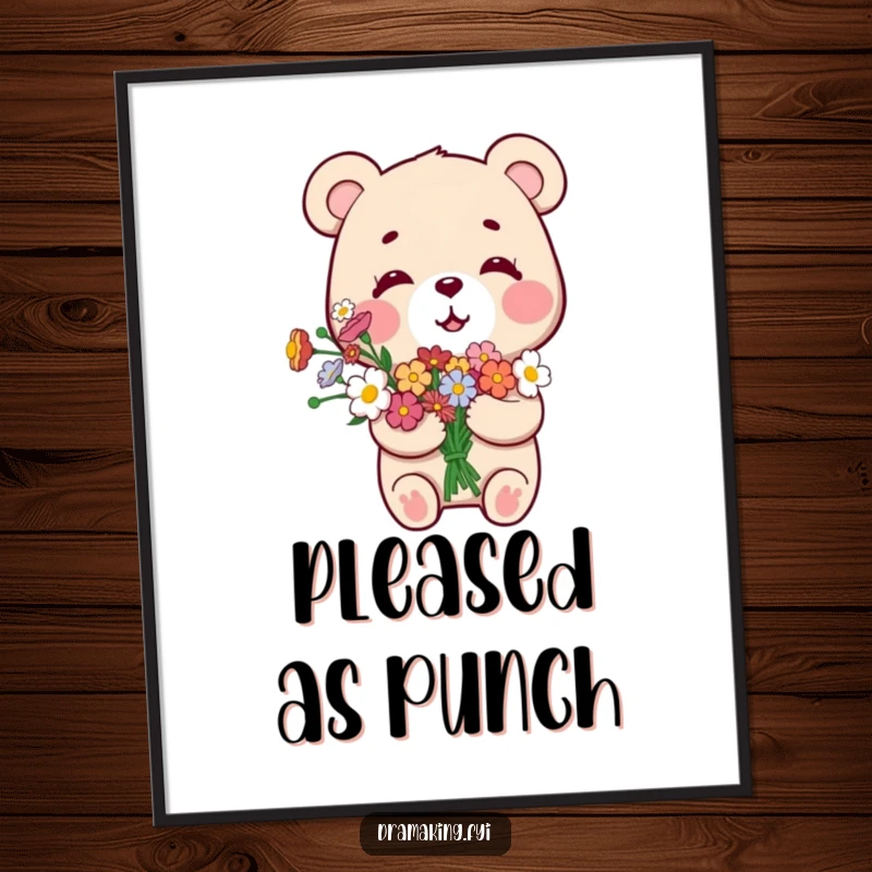 Funny Smug Bear Digital Art Print, featuring a small bear with a bouquet of flowers, looking overly pleased with itself, offering instant cheerful decor.