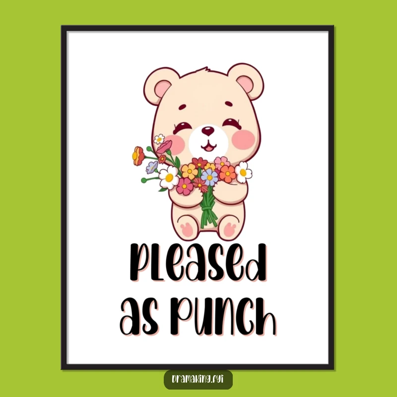 Funny Smug Bear Digital Art: Bouquet Bear's Pleased Printable for Instant Joy