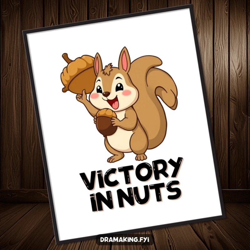 Funny happy squirrel character holding a giant acorn, theatrical triumphant stance, printable digital art, celebratory.