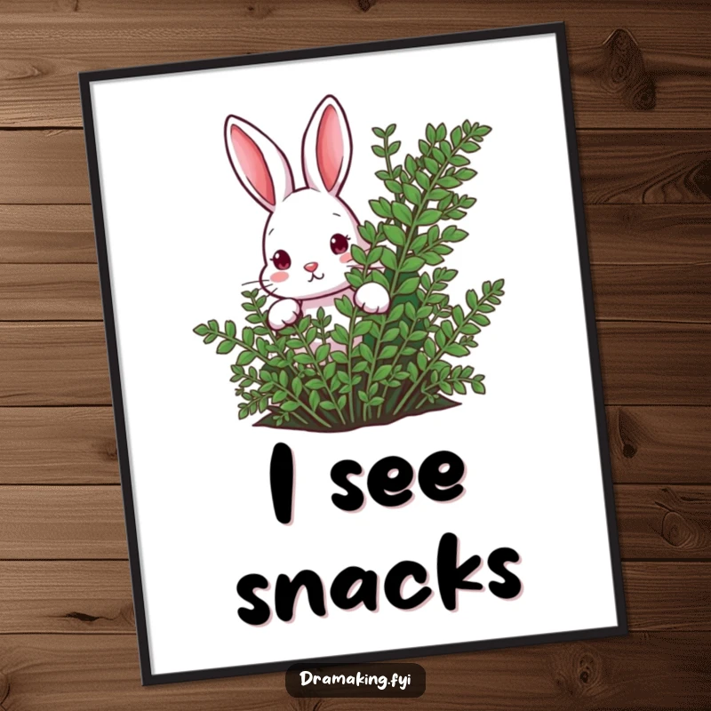 Funny rabbit peeking from behind a lush fern on a digital art print, creating a curious and whimsical display.