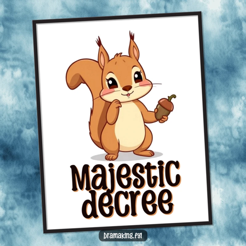 Funny squirrel digital art print of a squirrel dramatically pointing an acorn like a scepter, exuding whimsical authority and woodland humor.