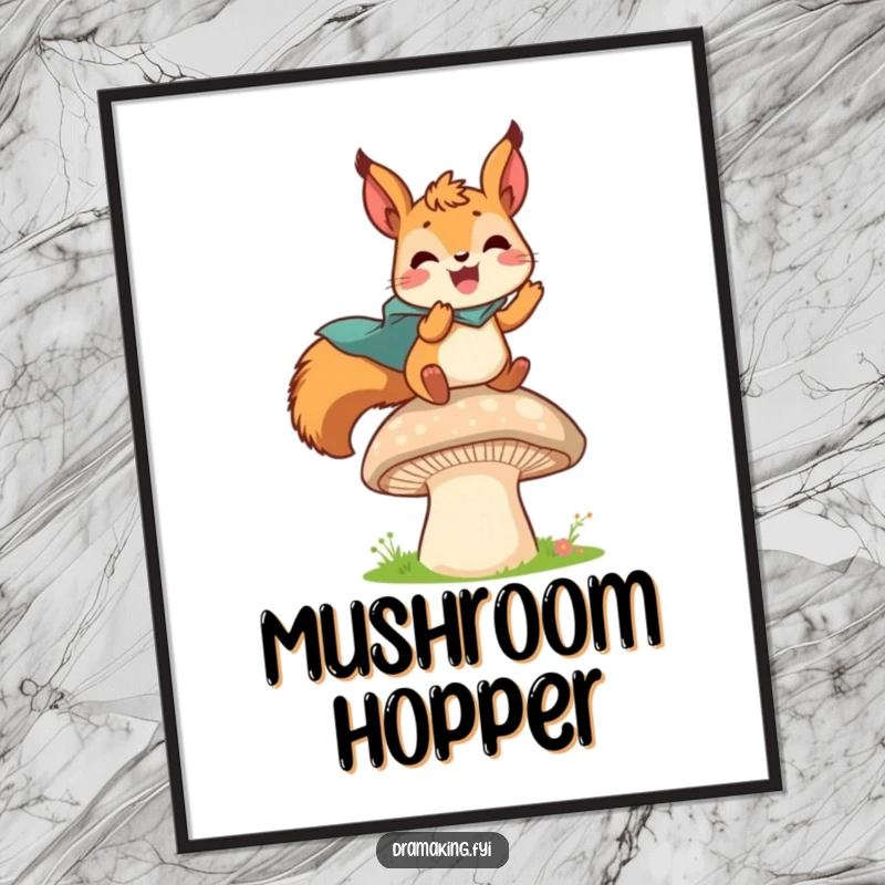 Funny digital art of a delighted squirrel with a tiny cape leaping from a mushroom, symbolizing courage and the start of an adventure.