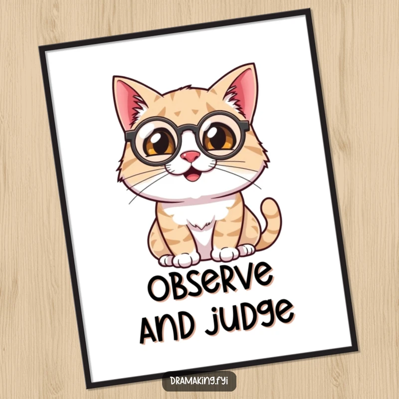 Funny Cat Digital Art Print: A smiling cat with a monocle surveys the scene theatrically, a humorous and sophisticated digital artwork.