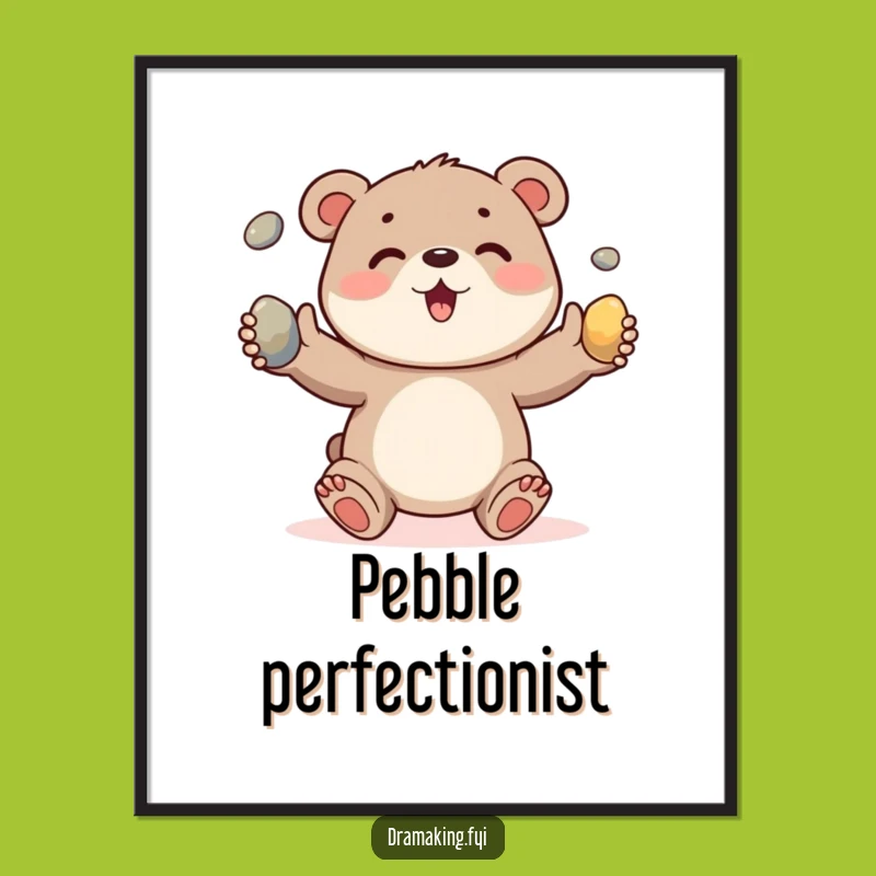 Funny Bear Cub Pebble Juggling Digital Art: Cute Animal Decor Print Gift