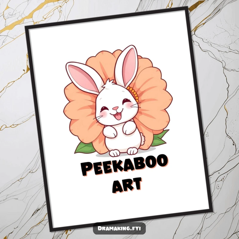 Funny rabbit digital art print of a happy bunny peeking from a giant flower. Instant download for charming and humorous decor.