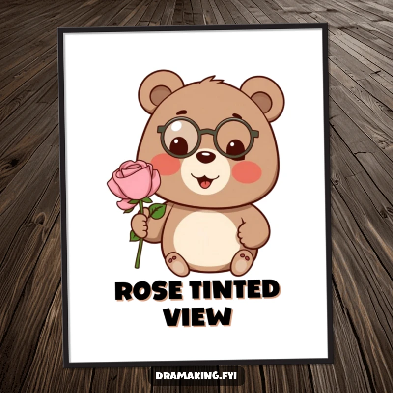 Funny bear digital art print, wearing a tiny monocle, presenting a large rose, instant elegant decor.