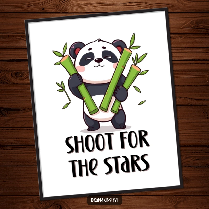 Funny panda digital art print, winking panda character, juggling three oversized bamboo shoots, instant performance decor.