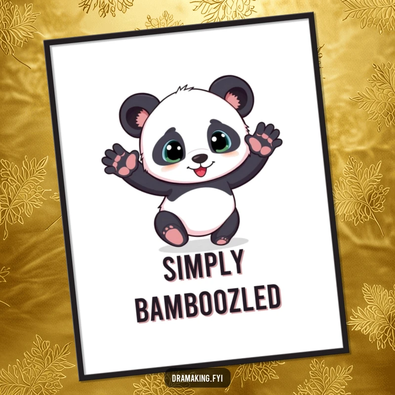 Funny playful panda cub digital art print striking a dramatic pose with outstretched paws, high-resolution art.