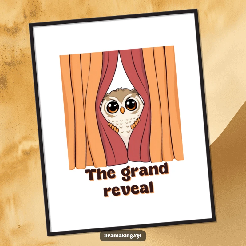 Funny Shy Owl Digital Art Print, featuring a curious owl peeking from behind a dramatic curtain, surprised by attention, offering instant intriguing decor.
