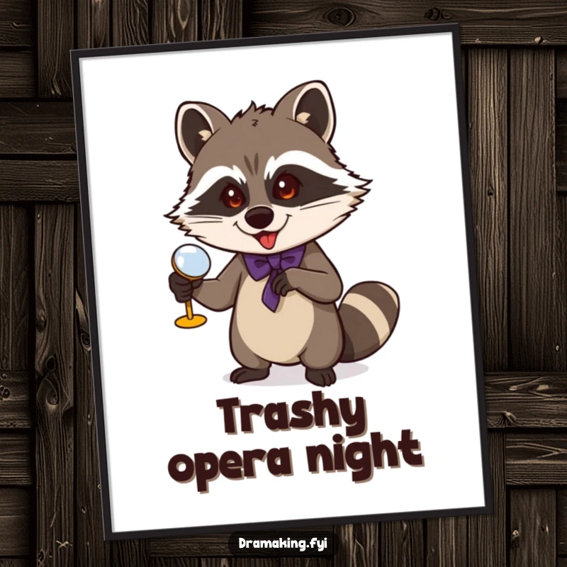Funny Raccoon Digital Art Print: A mischievous raccoon gestures grandly with opera glasses, a humorous and sophisticated digital artwork.