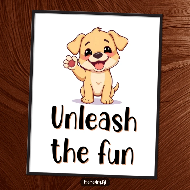 Funny digital art print of a playful puppy with a wide grin striking a humorous pose with a raised paw.