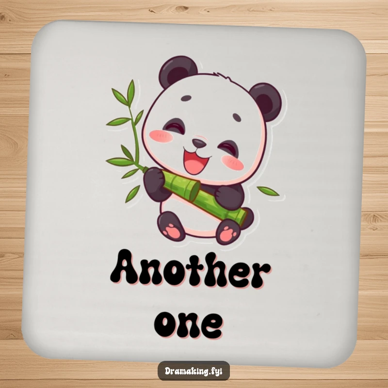 Funny Drink Coaster featuring a delighted panda character peacefully munching bamboo, offering surface protection with a humorous, serene design.