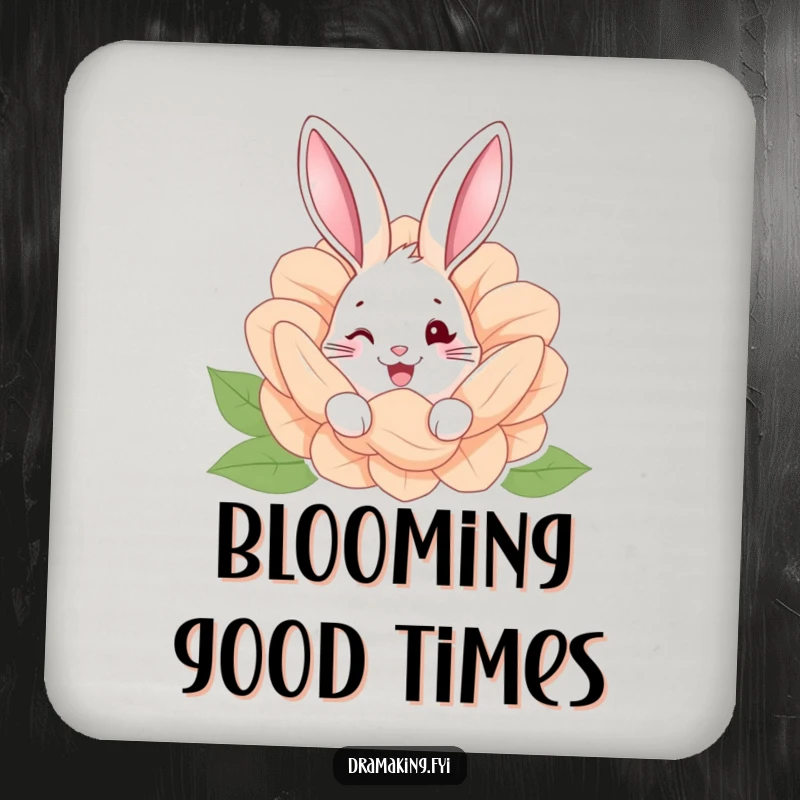 Funny coasters featuring a happy rabbit peeking from behind a giant flower, adding humorous garden protection.