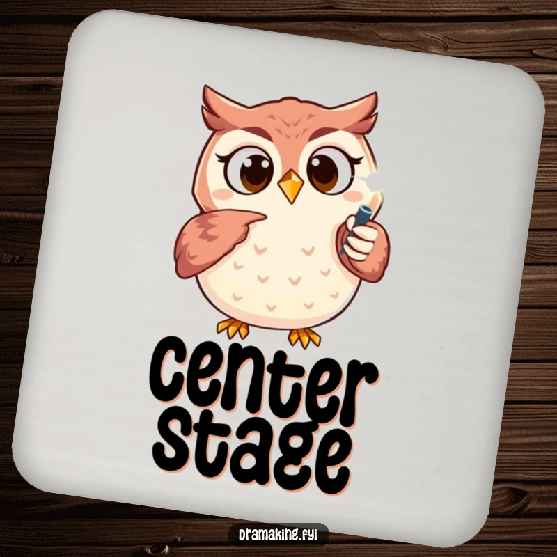 Funny owl coaster with an excited character pointing at a sparkling spotlight, protecting surfaces with a dramatic flair.