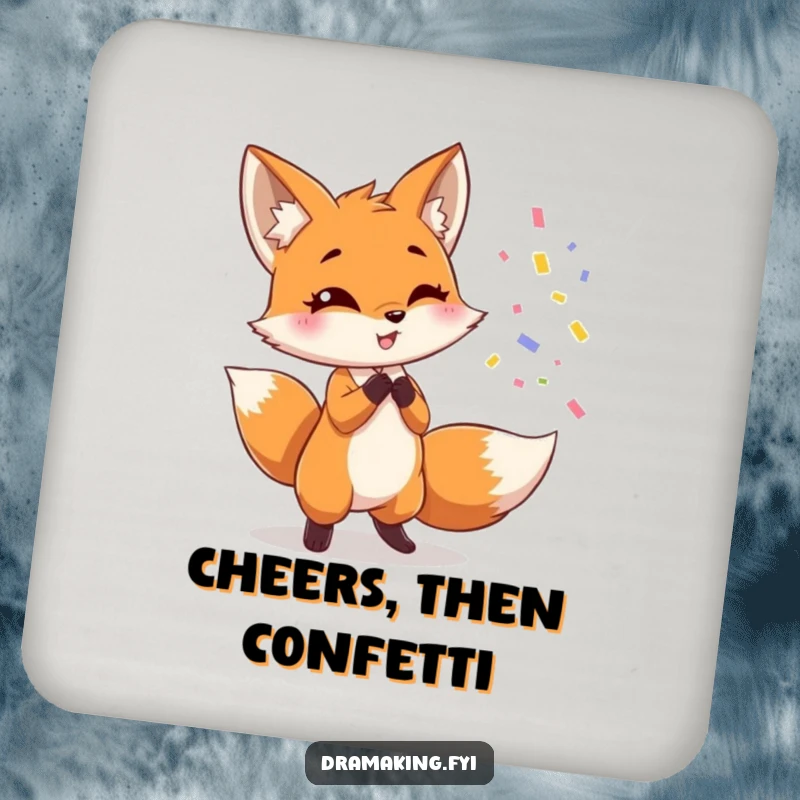 Funny fox coasters, showing a cute fox dramatically throwing confetti while posing, humorous coasters to protect furniture.