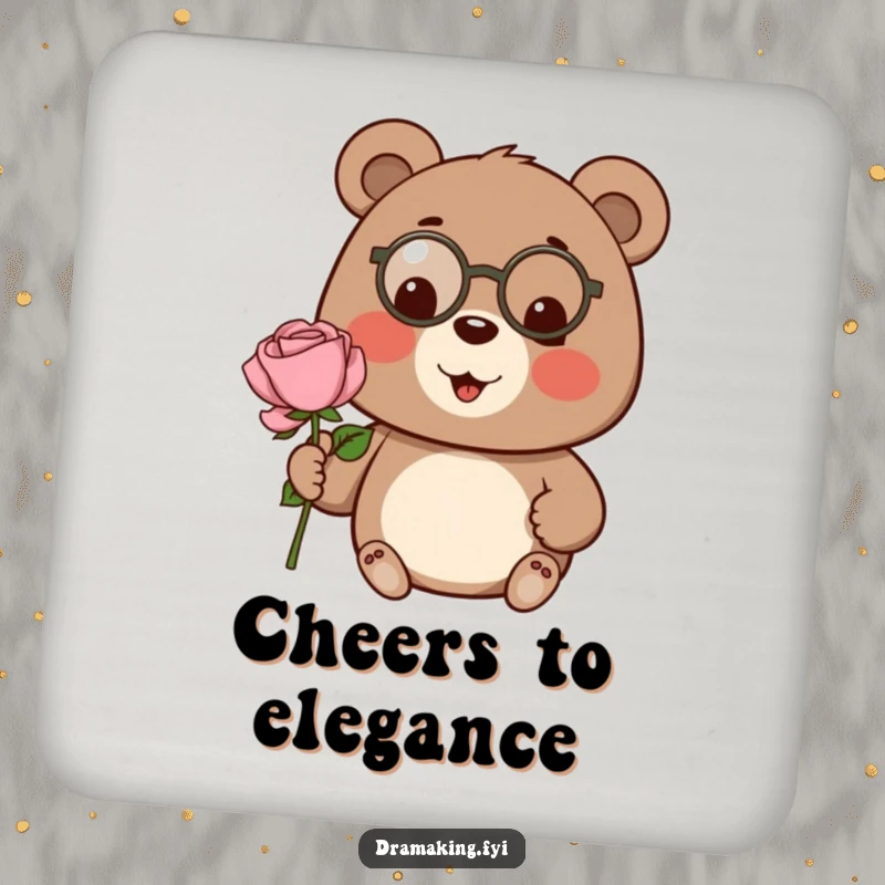 Funny bear coaster, wearing a tiny monocle, presenting an oversized rose, a chic and protective accessory.