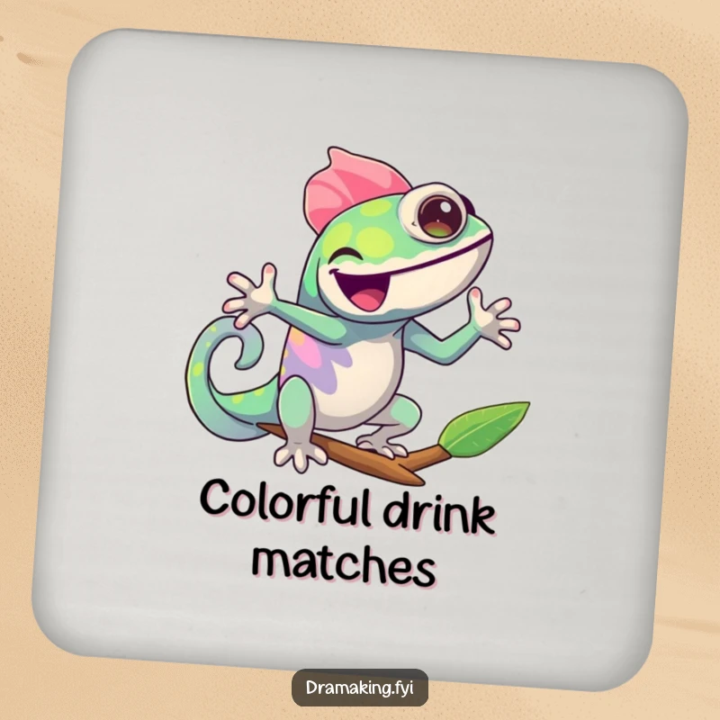 Funny Chameleon Coaster: A cheerful chameleon joyfully changing colors in a dramatic pose, protecting surfaces with humorous reptile charm.