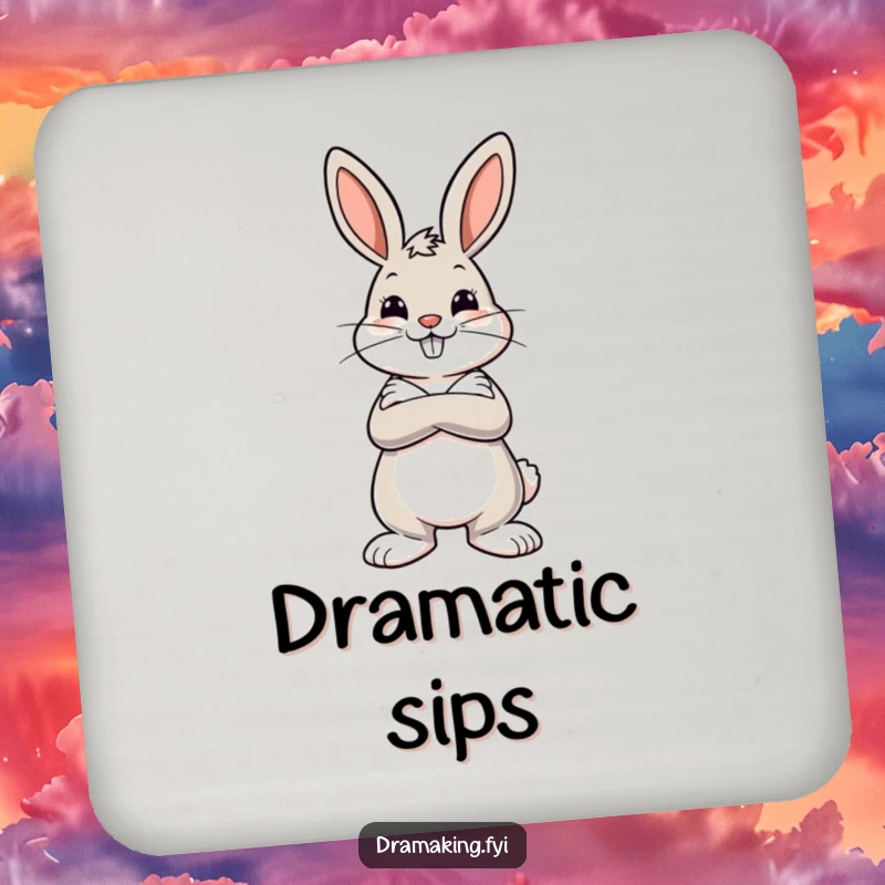 Funny drink coaster art of a cheerful bunny with crossed arms striking a dramatic pose, offering sassy surface protection.