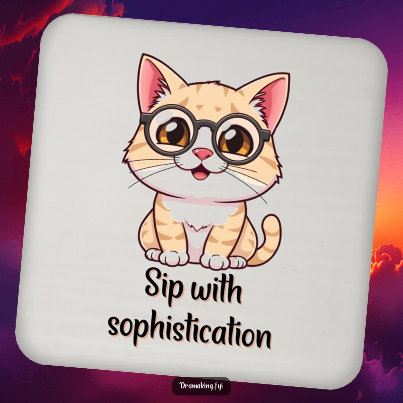 Funny Cat Coaster: A smiling cat with a monocle surveys the scene theatrically, a humorous and sophisticated table protector.