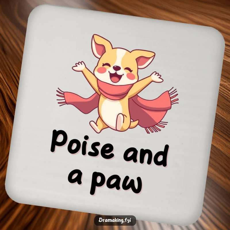 Funny dog ballet drink coaster featuring a joyful dog in a flamboyant scarf striking a mid-air ballet pose, protecting surfaces.