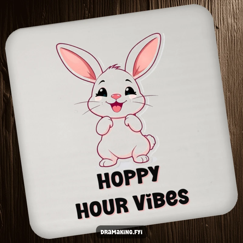 Funny dramatic rabbit coaster, cheerful with oversized ears, striking a theatrical pose, humorous surface protection.