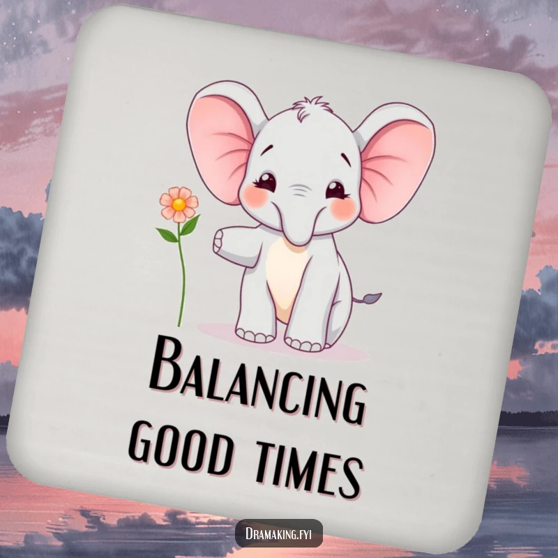 Funny Elephant Calf Balancing Coaster: A joyful elephant calf balances with a flower, adding charming and funny protection.