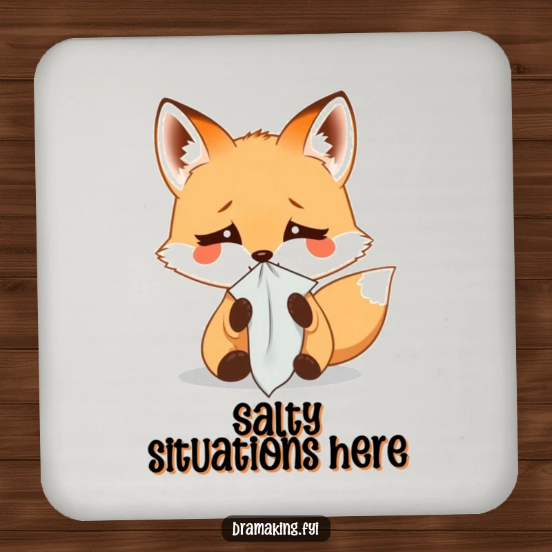Funny drink coaster with a small fox dramatically weeping into a tiny handkerchief, protecting surfaces with a humorous, emotional touch.